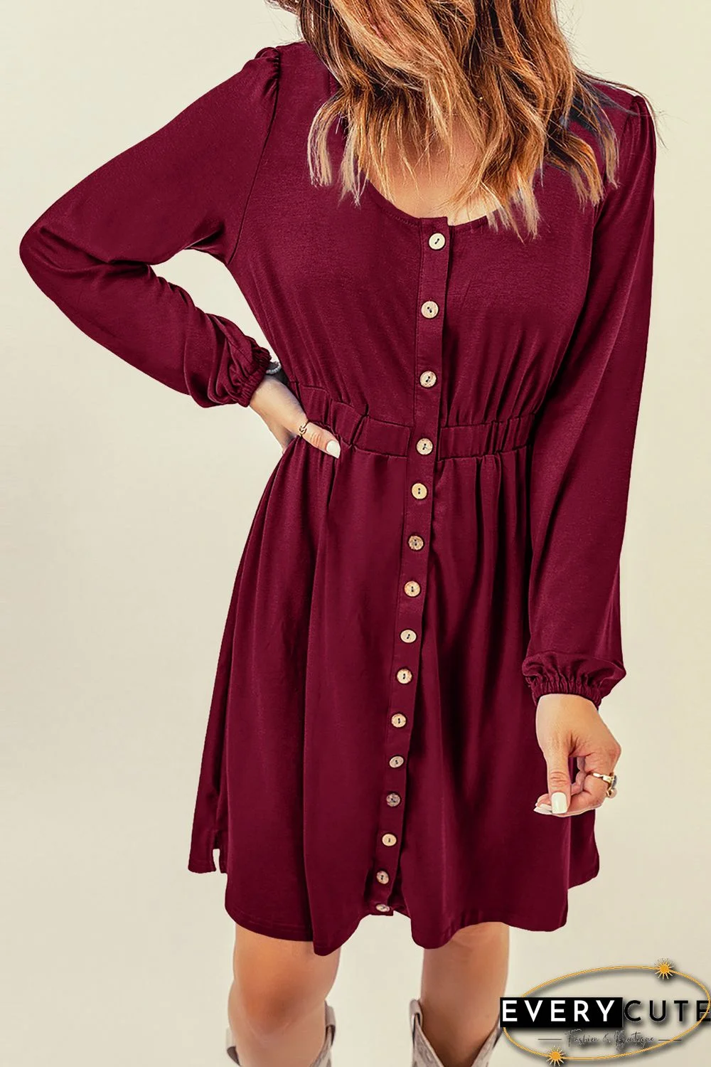 Wine Button Up High Waist Long Sleeve Dress