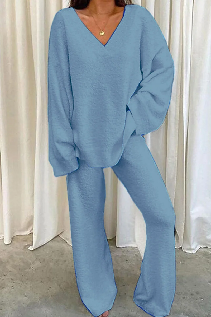 Light Blue Casual Solid Patchwork V Neck Long Sleeve Two Pieces | EGEMISS