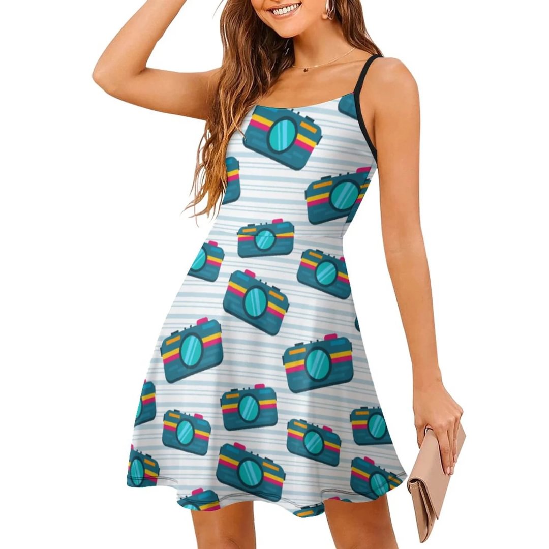 Pocket Camera Cami Women's Spaghetti Strap Mini Dress Boho Printed Casual Summer Beach Short Sundress