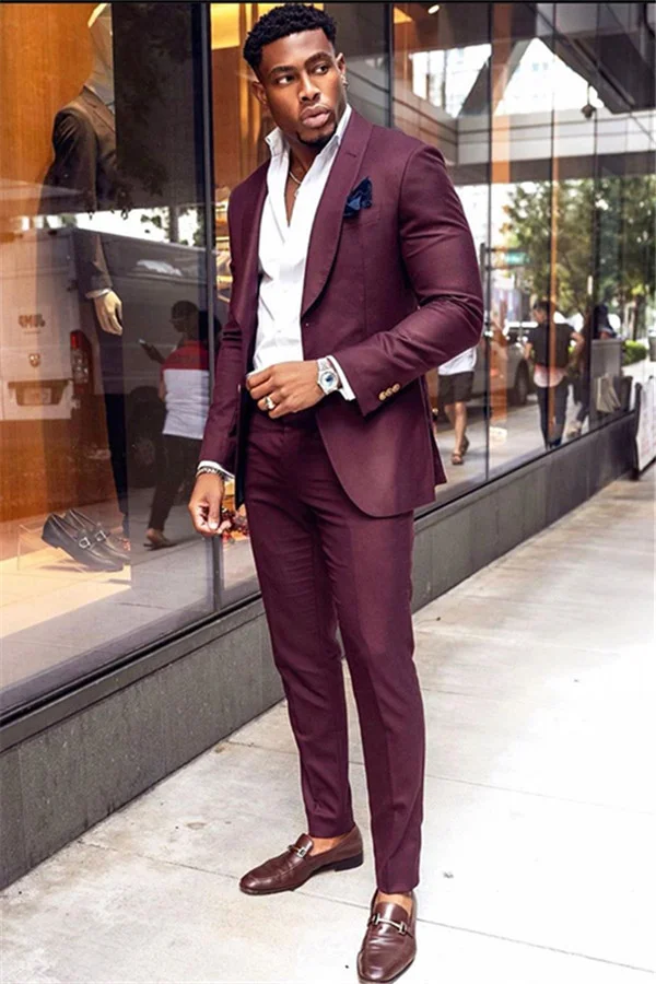 Daisda 2 Pieces Burgundy Business Prom Suit With Shawl Lapel 