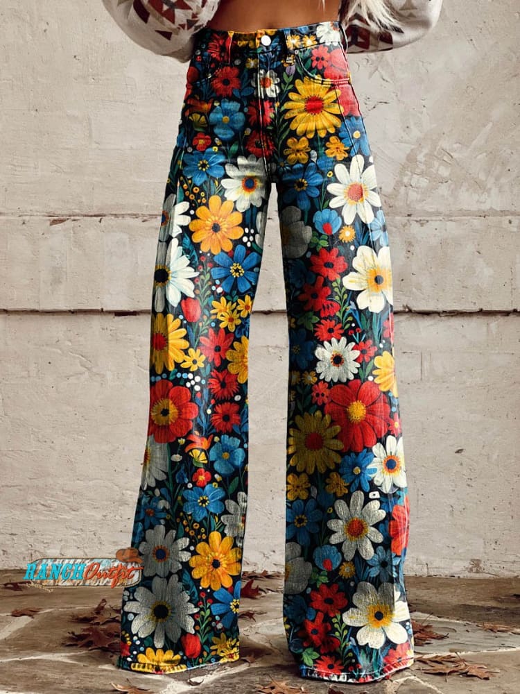 Women’s Colorful Flower Print Casual Wide Leg Pants Multicolor / Xs