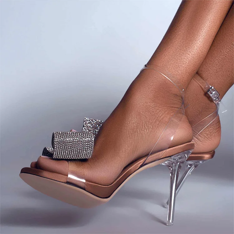 Women's Clear Straps Satin Open Toe Rhinestone Bow Heels in Brown |FSJ Shoes