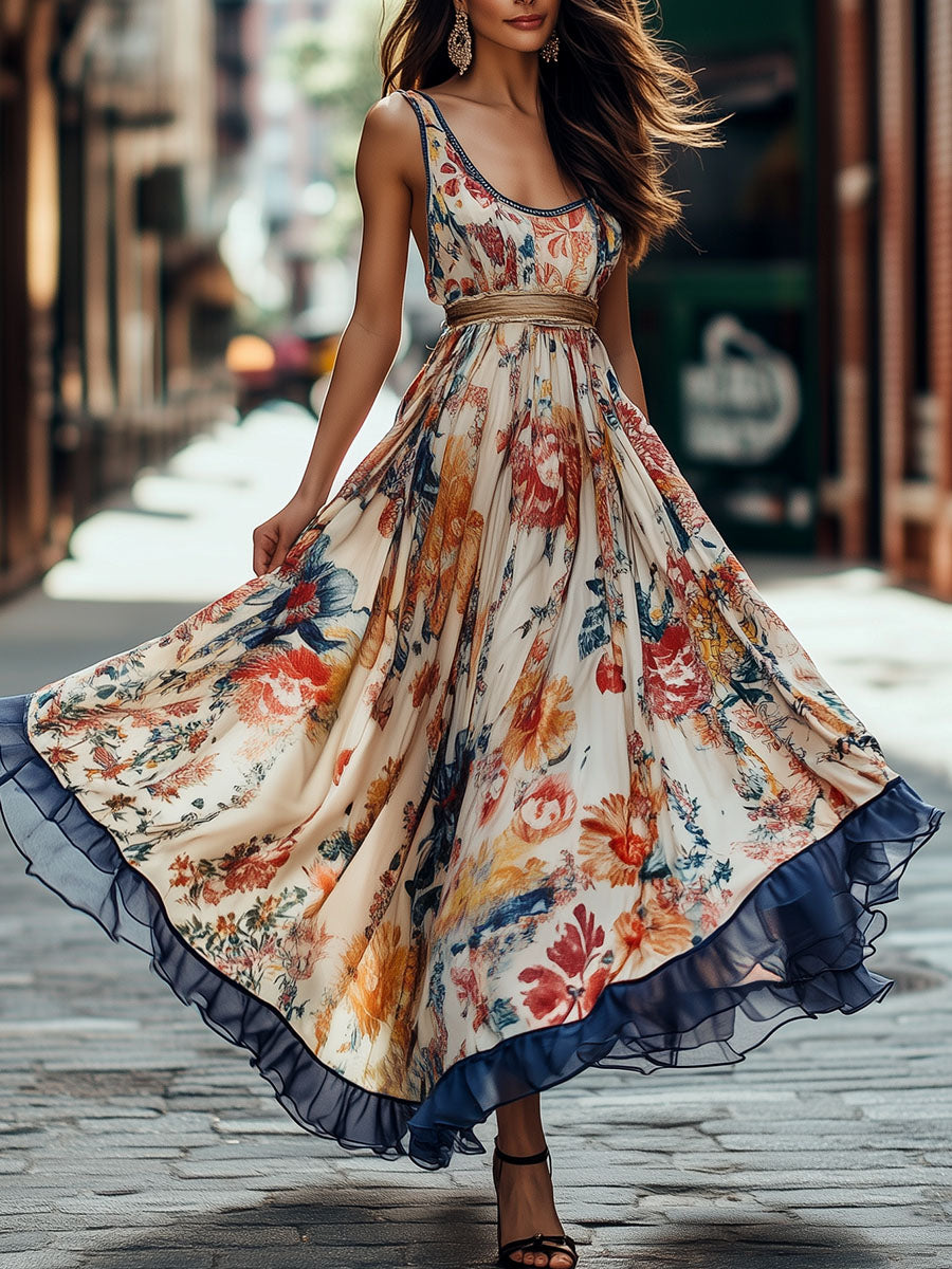 Boho U Neck Floral Print Ruffled Hem Maxi Dress