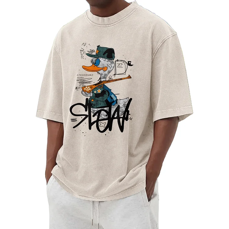 Fun duck pattern washed T-shirt 016