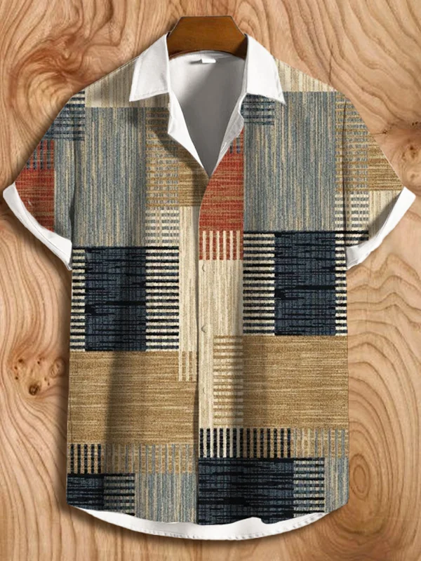 Men's Geometric Lattice Pattern Art Print Colorblock Short Sleeve Shirt