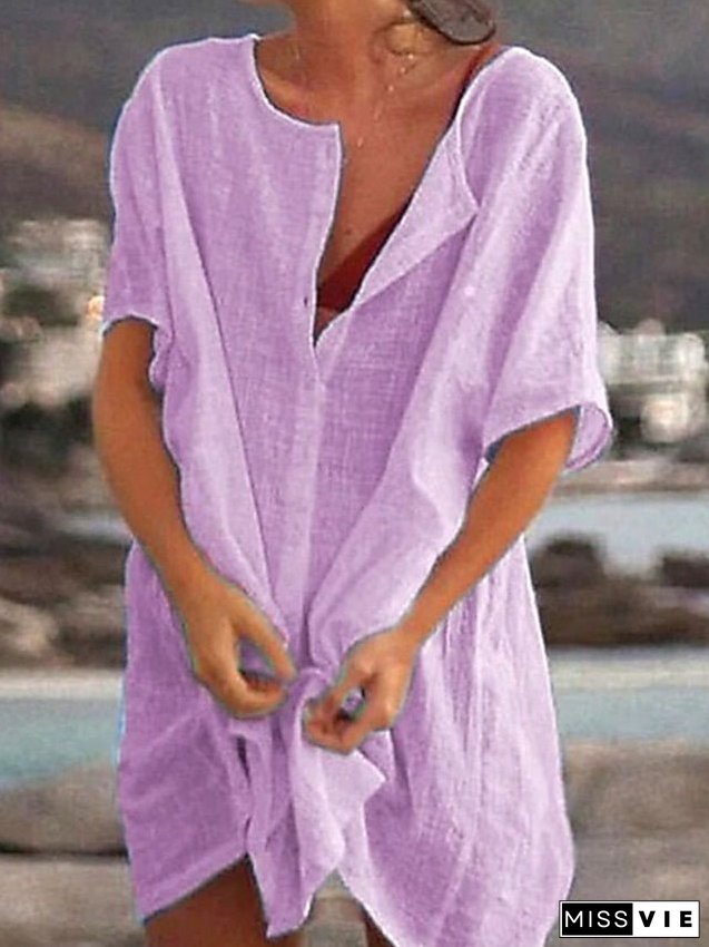 Women's Casual Dress Shirt Dress Cotton Linen Dress Mini Dress Blue Purple Pink Short Sleeve Pure Color Spring Summer V Neck Beach Basic Daily Weekend Loose Fit Linen S M L XL XXL 3XL