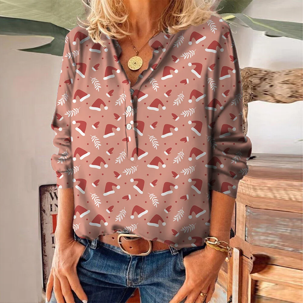 Stripe floral digital printed women's pleats V tie button long sleeve T-shirt