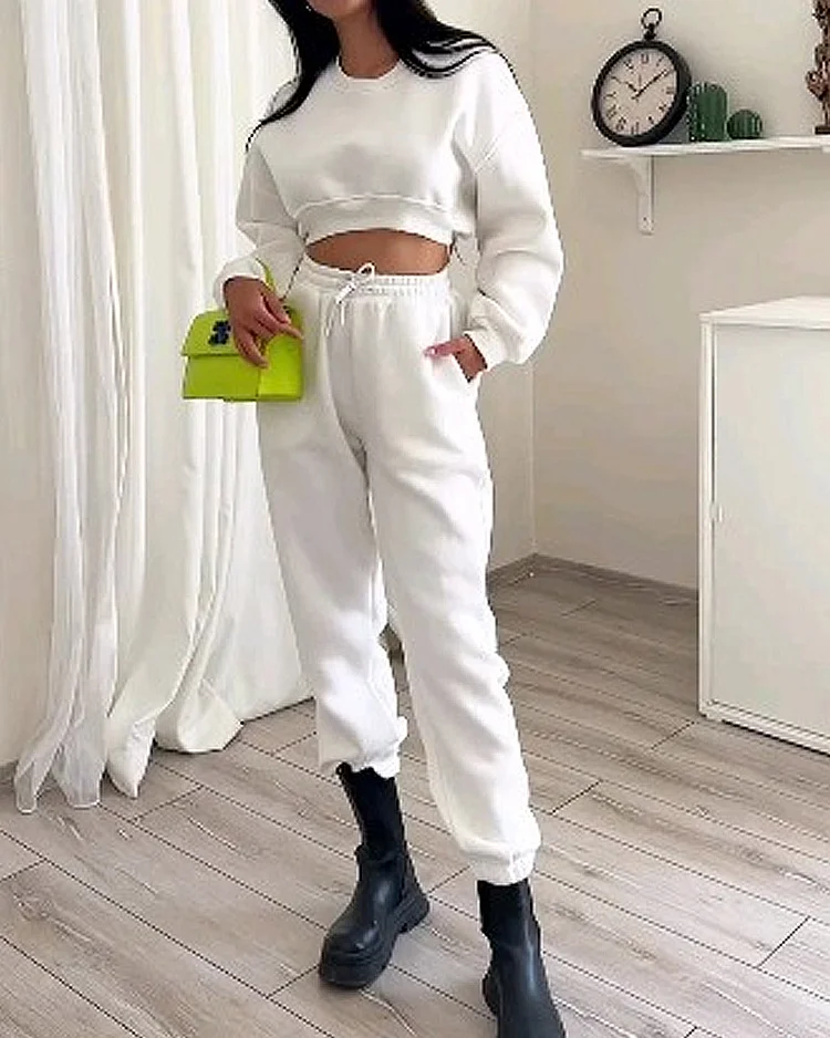 Solid Color Sweatshirt Casual Sports Style Two-piece Set