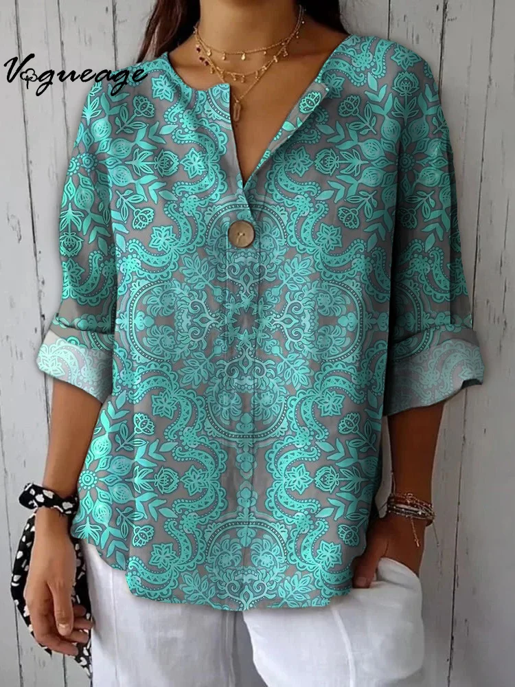 Retro Intellectual Elegant Plant Pattern Printed Cotton And Linen Shirt