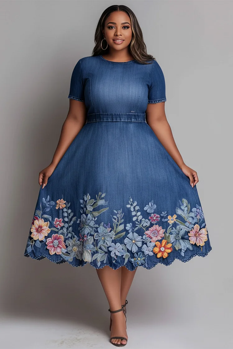 Xpluswear Design Plus Size Party Blue Round Neck Short Sleeve 3D Pocket Denim Midi Dresses [Pre-Order] 2024 - Xpluswear