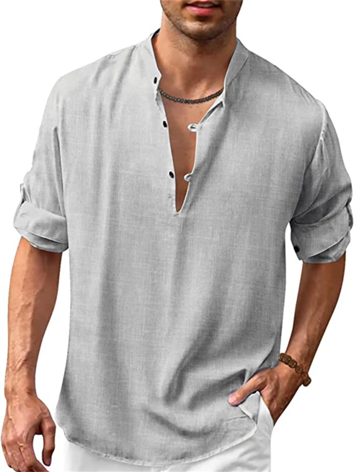 New Men's Cotton Linen Shirt Casual Beach Hippie Shirt Long-sleeved T-shirt Men's Solid Color Shirt