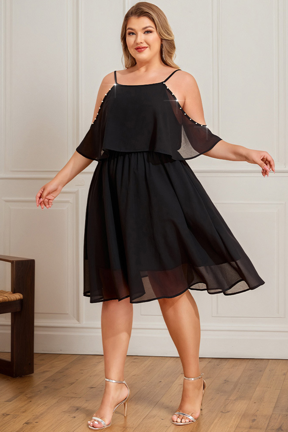 Plus Size Party Black Chiffon Cold Shoulder Beaded Elastic Waist Midi Dress 2024 - Flycurvy 