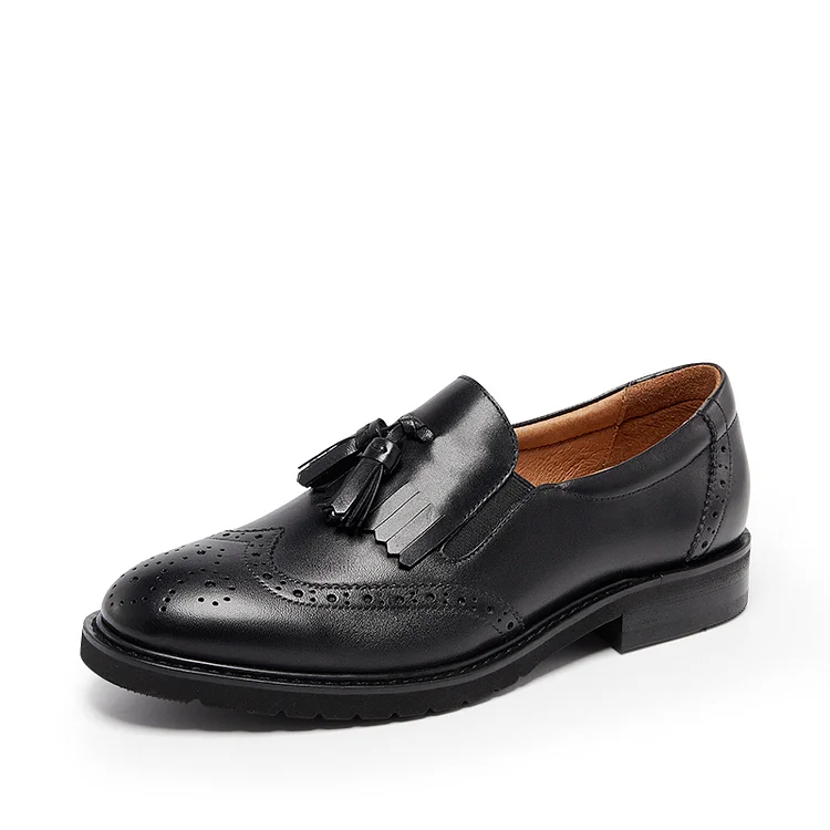 Black Vintage Round Toe Wingtip Flat Oxfords Vdcoo