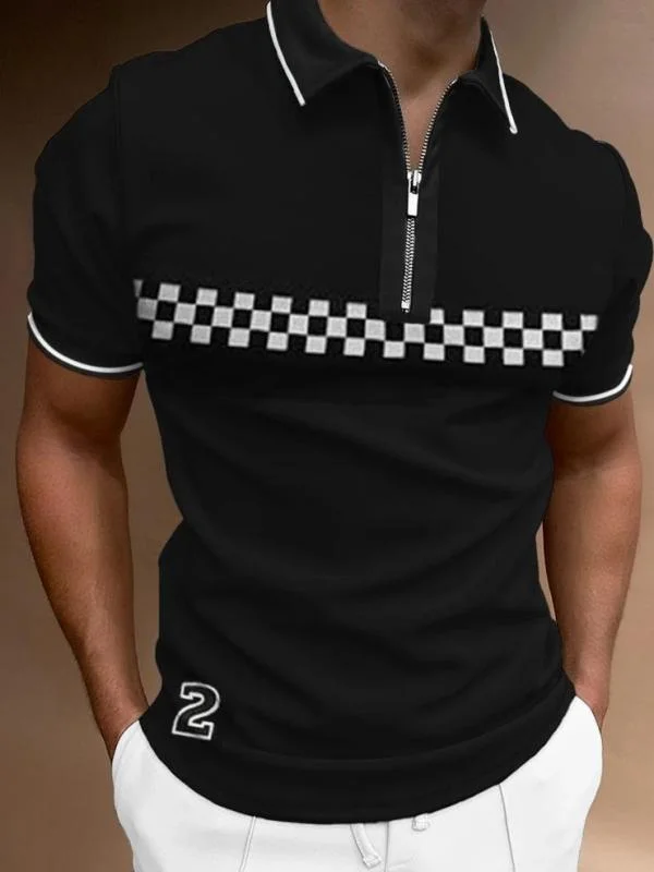 Men's Black and White Check Print Short Sleeve Polo T-Shirt