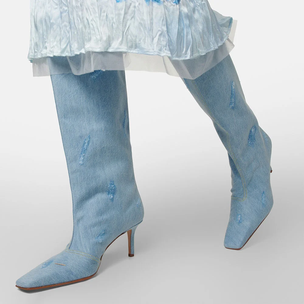 Blue Denim Square Toe Stiletto Heel Distressed Knee High Boots