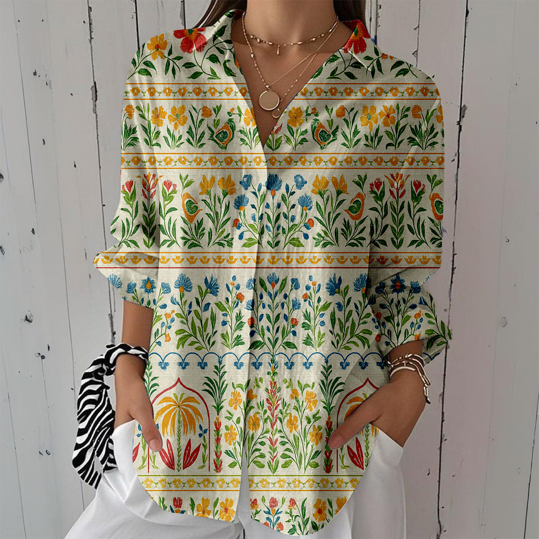 Women Long Sleeve V-neck Graphic Floral Printed Top