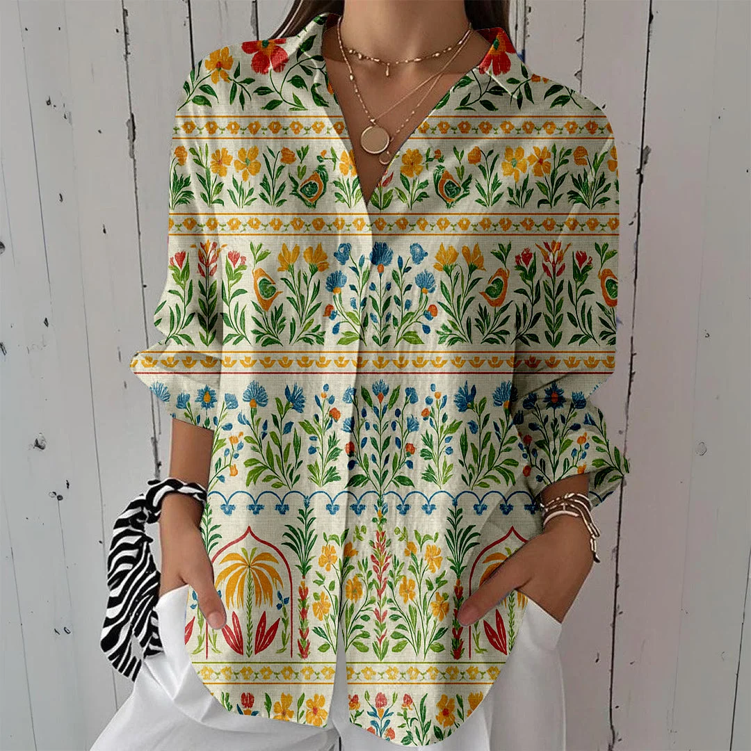 Style & Comfort for Mature Women Women Artistic Of, Floral, Green DZCL0135 3/4 Sleeve Shirt Collar Printed Button Tops