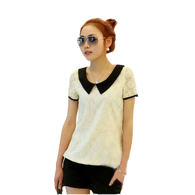 Women Summer Tops T-shirt Leisure Short Sleeve Sexy Lace Crochet  Loose White Shirts Plus Size XXXL Ladies Tops