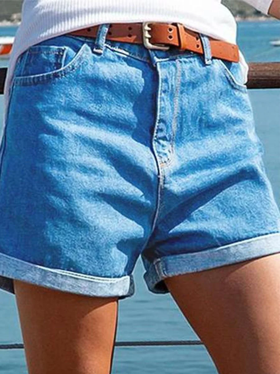 Casual Washed Solid Denim Shorts P10673