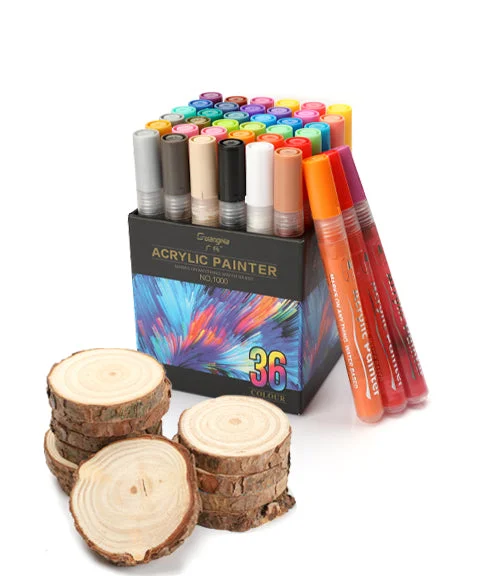 36 Colors Water-Based Acrylic Paint Marker Pens With 30 Pcs Natural Wood Slices