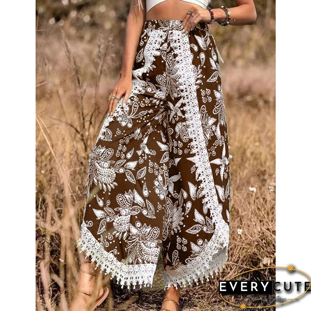 Brown Floral Print Spliced Casual Pants