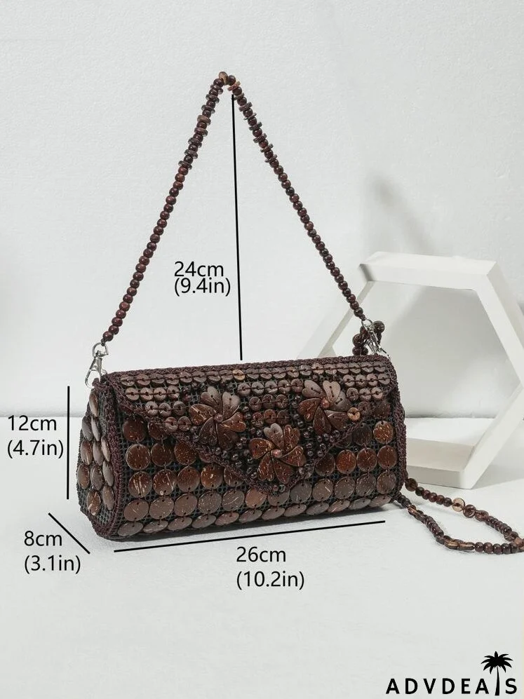 Coconut Shell Decor Beaded Strap Bucket Bag