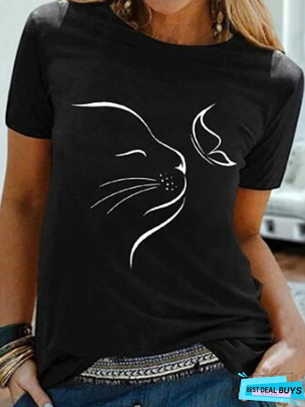 Cat And Butterfly Short Sleeve Crew Neck Casual T-Shirt