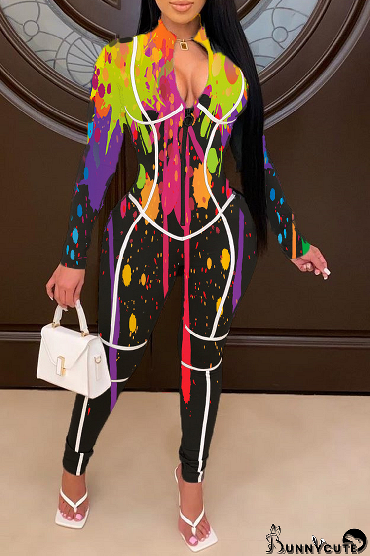 Black Sexy Patchwork Tie-dye Zipper Collar Skinny Jumpsuits