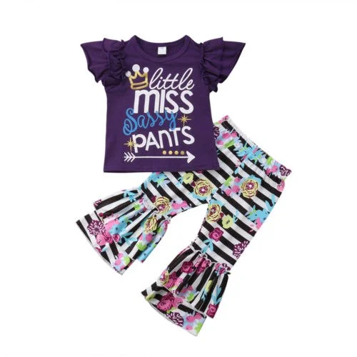2PCS Toddler Girls Kids Ruffle T-Shirt + Floral Pants Leggings Outfits Clothes