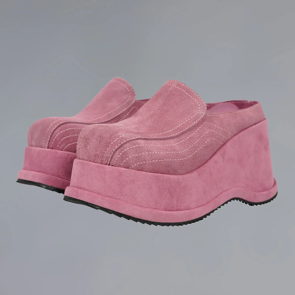 Vegan Suede Wedge Heel Platform Slip On Mules for Women in Pink