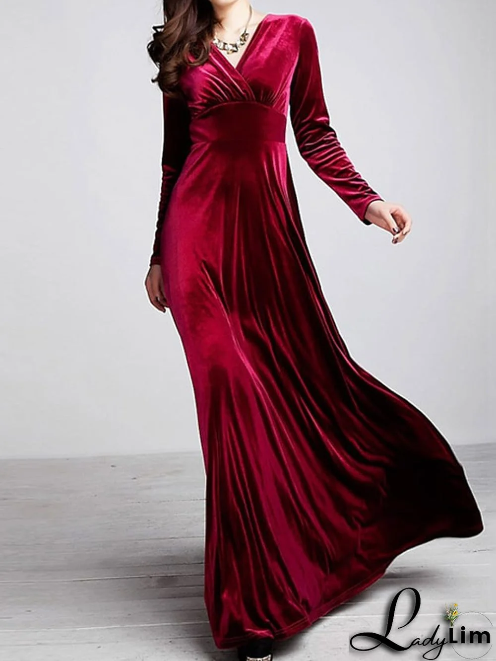 Elegant Wrap Wide Band A-line Velvet Maxi Dress