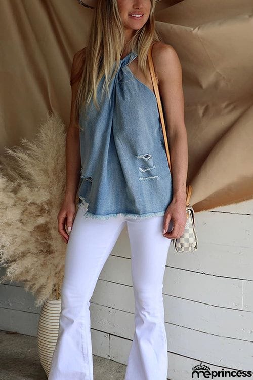 Ripped Raw Edge Halter Neck Top
