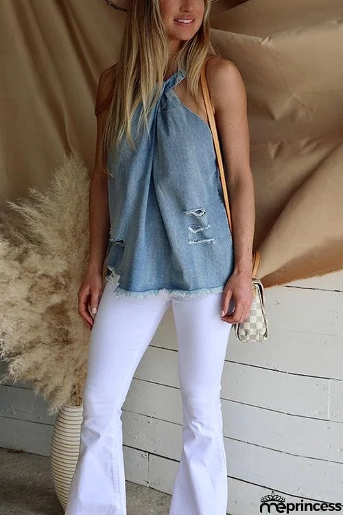 Ripped Raw Edge Halter Neck Top