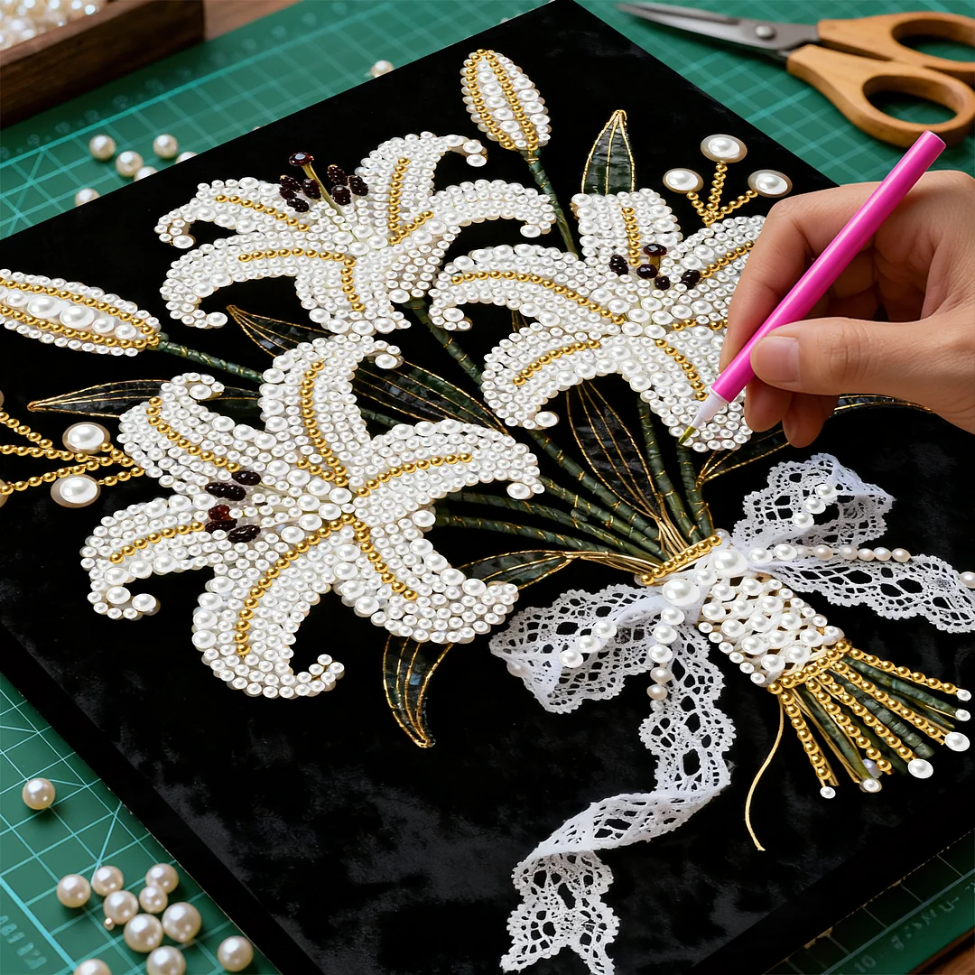 Blooming Flowers DIY Pearl Diamond Art Kit for Adult Home Decor 25x25cm With Frame