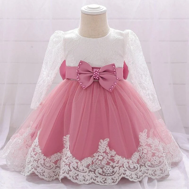 2021 Child Big Bow Baptism 1st Birthday Dress For Baby Girl Clothes Long Sleeve Princess Dresses Party And Wedding Infant Dress