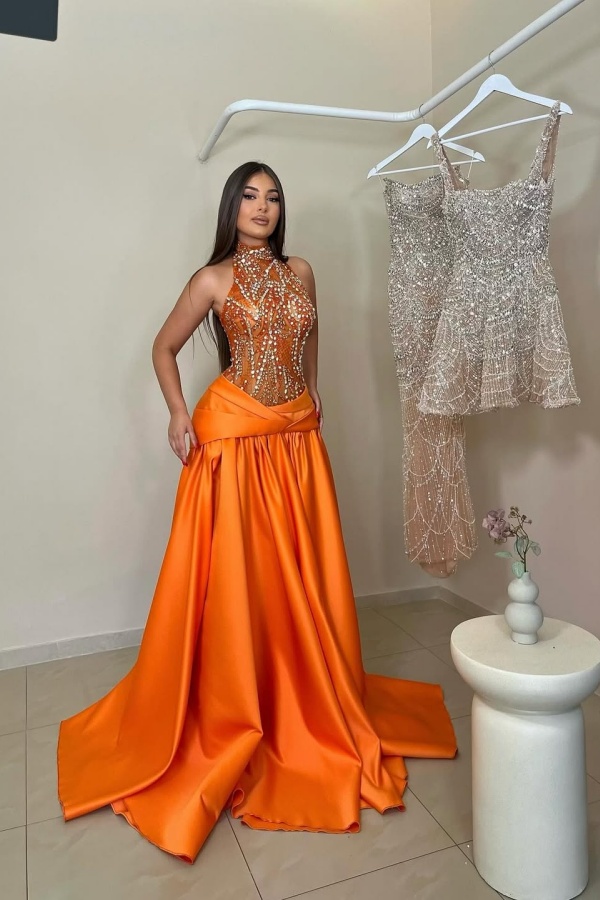 Ovlias Shining Orange Halter Sleeveless Prom Dress Floor Length with Rhinestone JQ0085