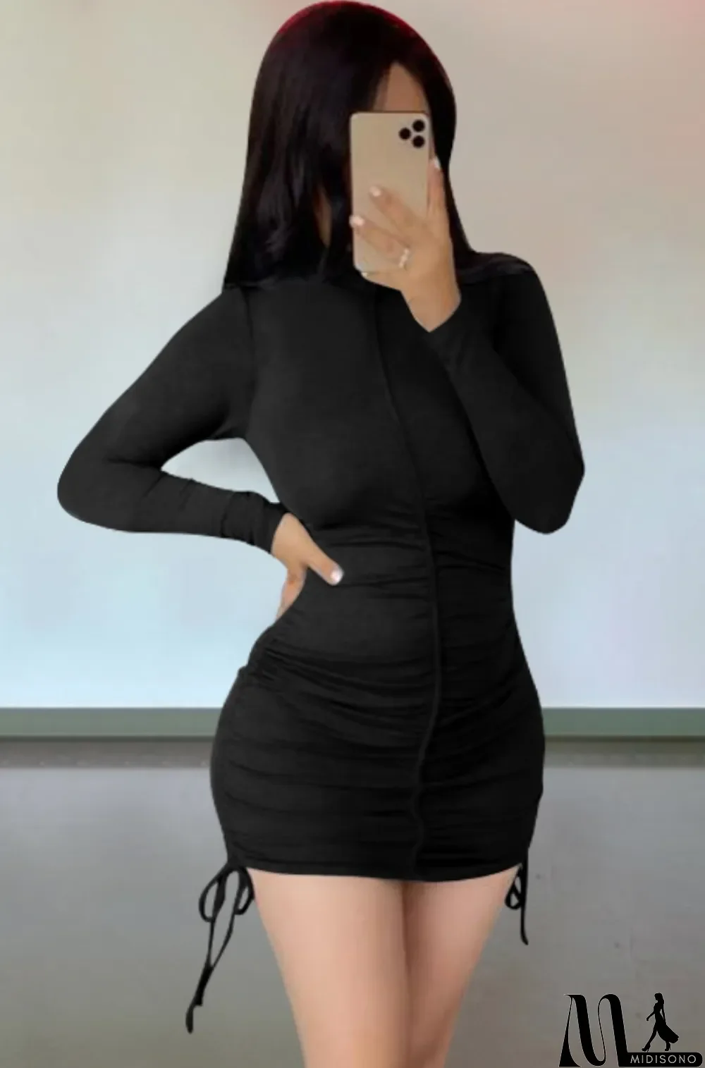 MidiSono - Autumn Casual Black Ruched Strings Mini Dress