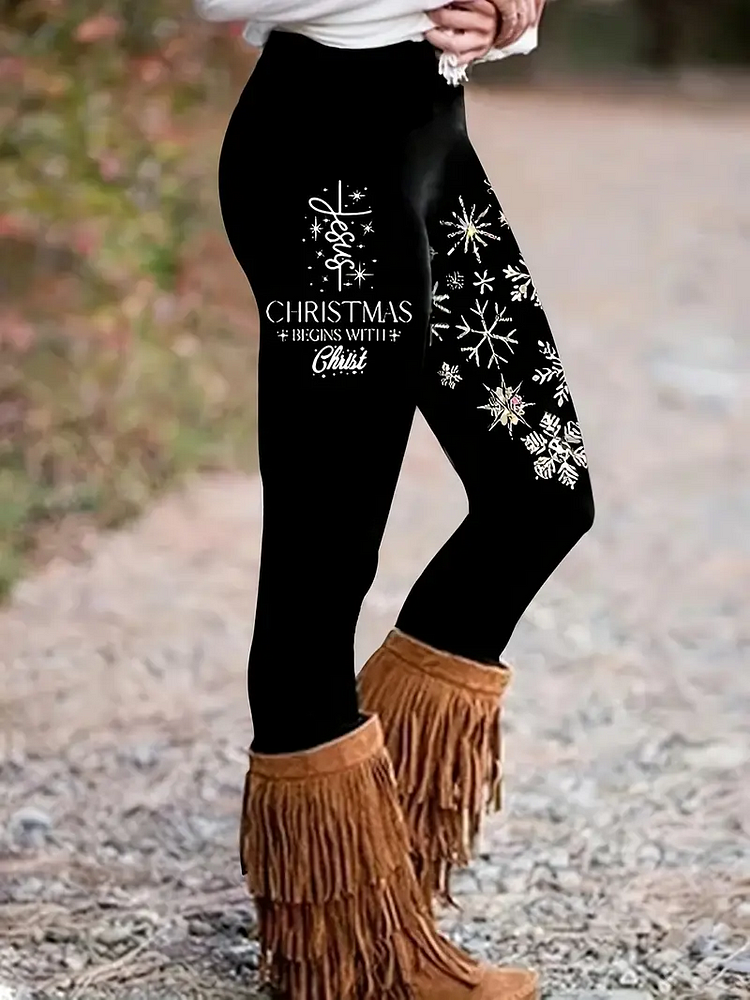 Snowflake & Letter Print Knitting Leggings