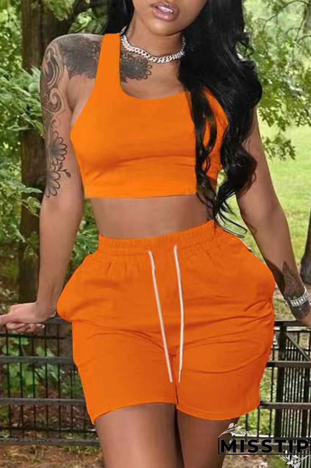 Orange Casual Solid Basic U Neck Sleeveless Two Pieces