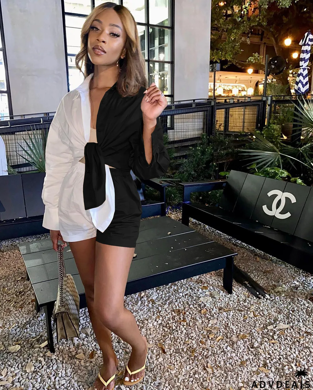 Women's nightclub fashion sexy button striped Chic career long-sleeve shirt Shorts Two Piece Set