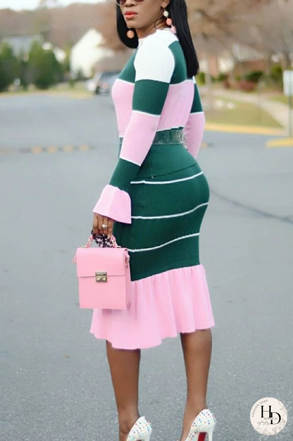 Green Polyester Fashion Casual Europe and America Patchwork Print Hip skirt Long Sleeve Two Pieces