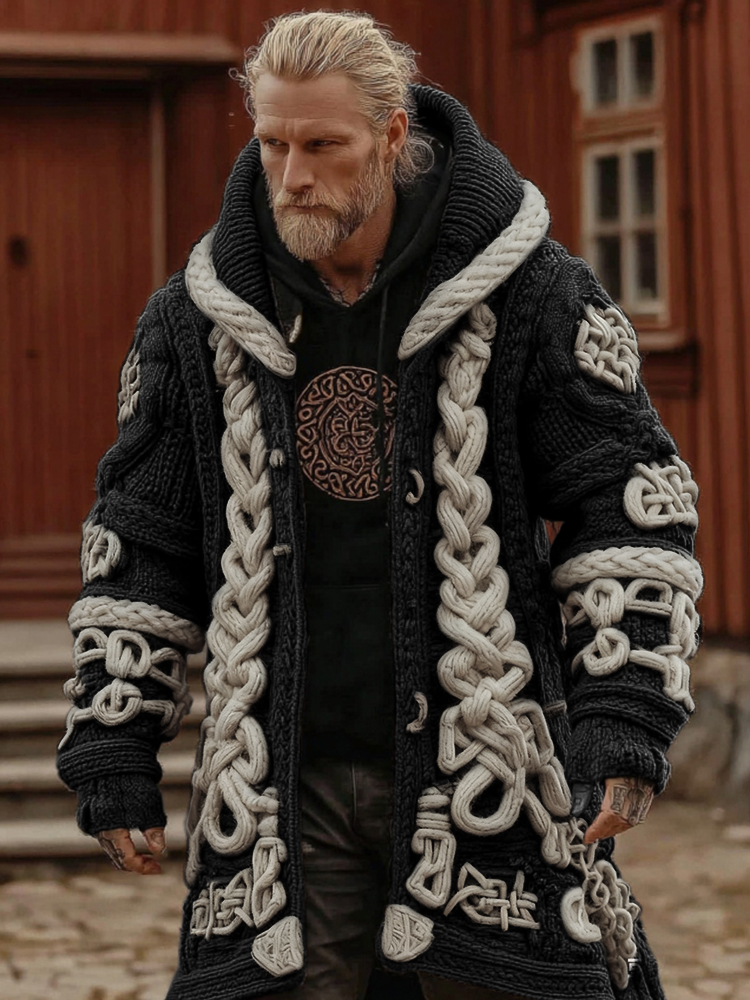 Men's Viking Celtic Geometry Pattern Art Knitted Hooded Cardigan  artssus