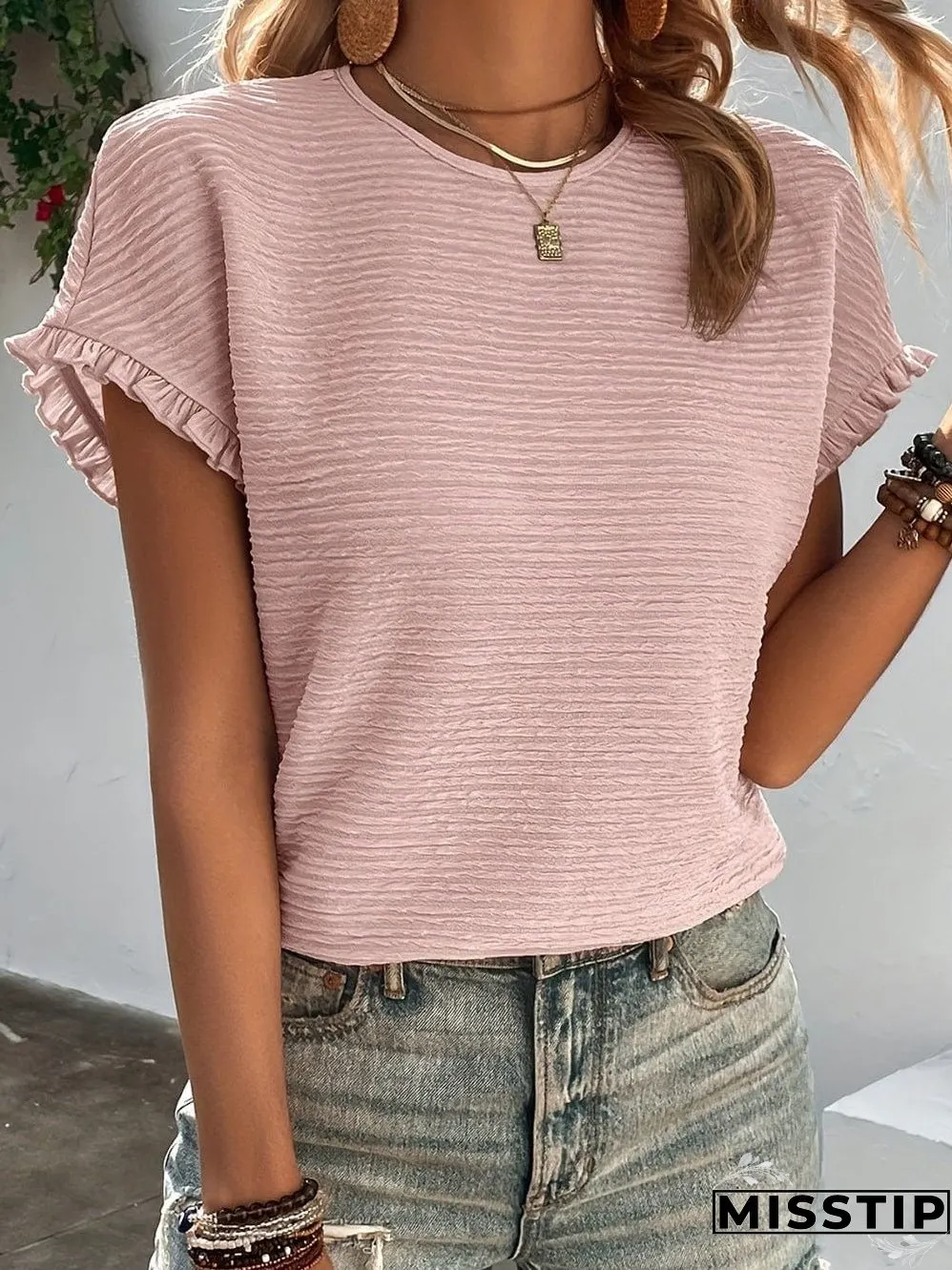 Light Pink Textured Ruffle Sleeve Elegant Blouse