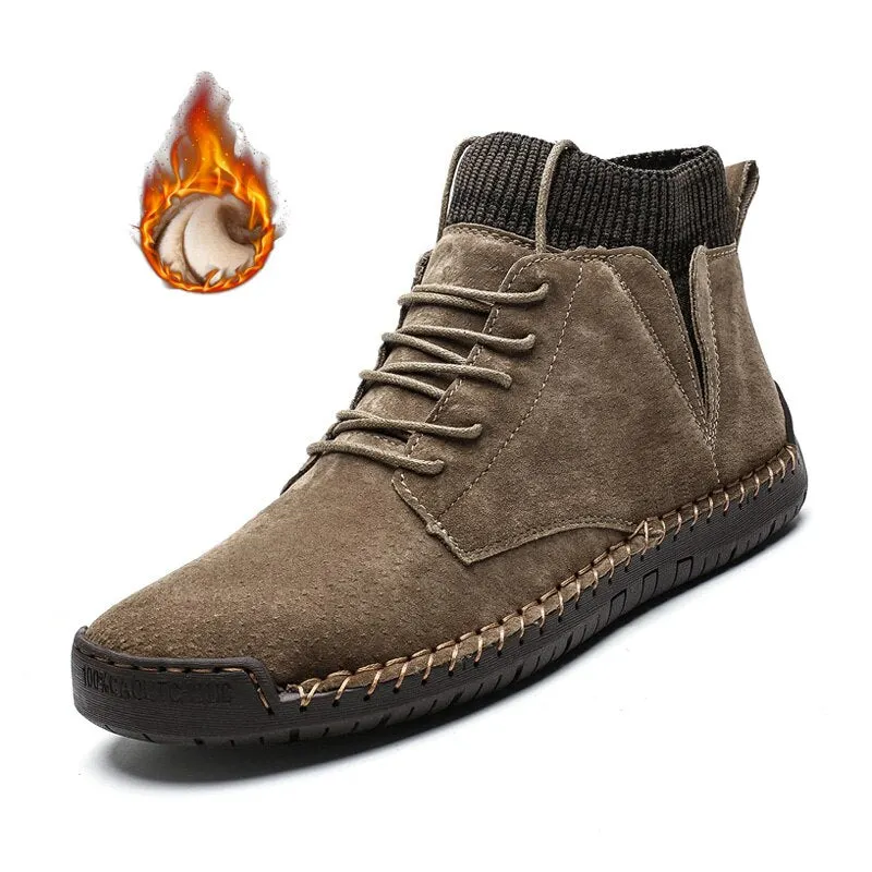 Nine o'clock 2020 Quality Winter Men's Leather Boots Outdoor Comfortable Elastic Sock Male Shoes Casual High-Top Lace-up Boots