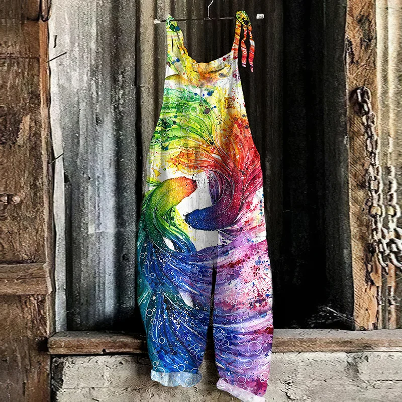 Vintage Japanese Art Watercolor Rainbow Koi Couple Graphic Casual Loose Jumpsuit
