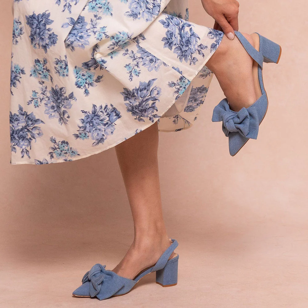 Elegant Blue Denim Pointed Toe Slingback Heels with Bow Accent