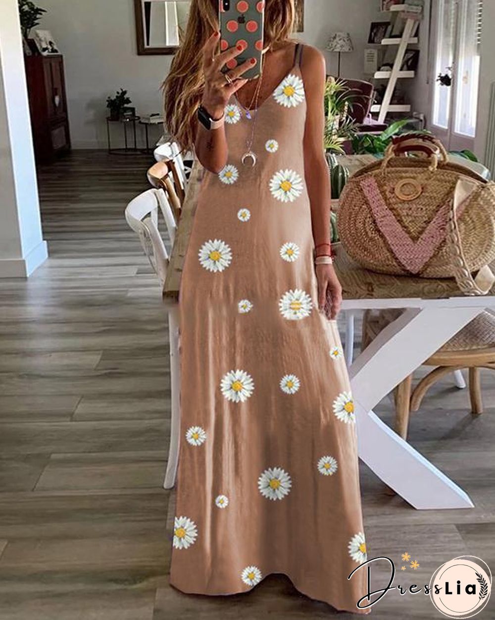 Sleeveless Floral Print V Neck Holiday Maxi Dress