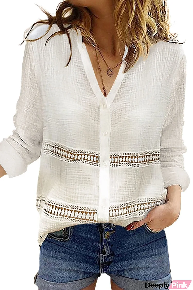 Long Sleeve Crochet Insert Crinkle Blouse