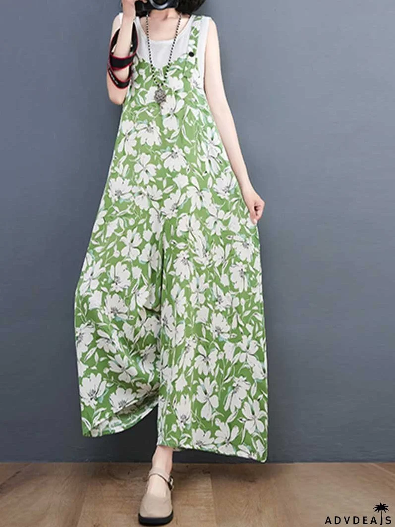Floral Print Cotton Wide-Leg Overall Jumpsuit
