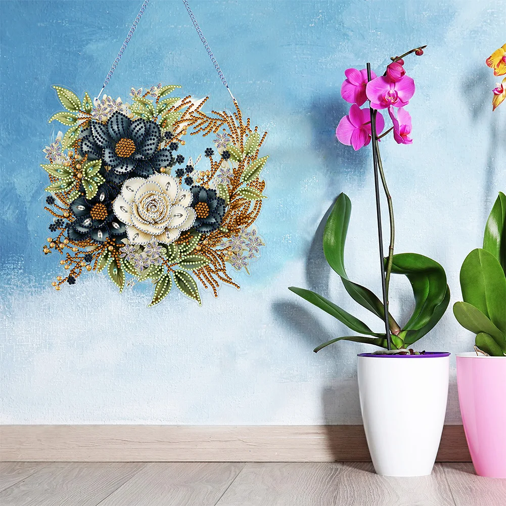 DIY Flower Acrylic Special Shaped+Round Diamond Painting Wreath Ornament for Xmas Wall Decor